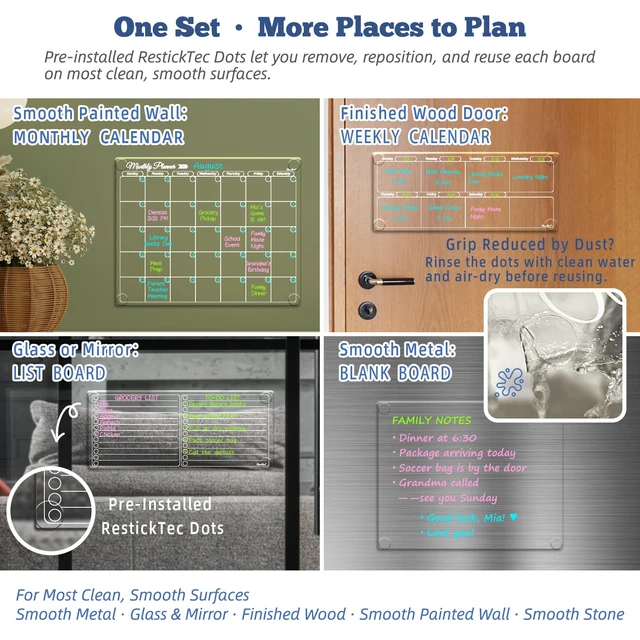 Alt view image 5 of 6 - Clear Non-Magnetic Calendar Set for Fridge - Dry Erase Transparent Monthly and Weekly Calendar, List and Blank Whiteboard - Sticks to Wall, Glass, Door, Any Smooth Surfaces