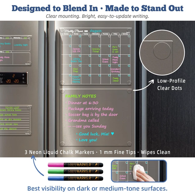 Alt view image 6 of 6 - Clear Non-Magnetic Calendar Set for Fridge - Dry Erase Transparent Monthly and Weekly Calendar, List and Blank Whiteboard - Sticks to Wall, Glass, Door, Any Smooth Surfaces