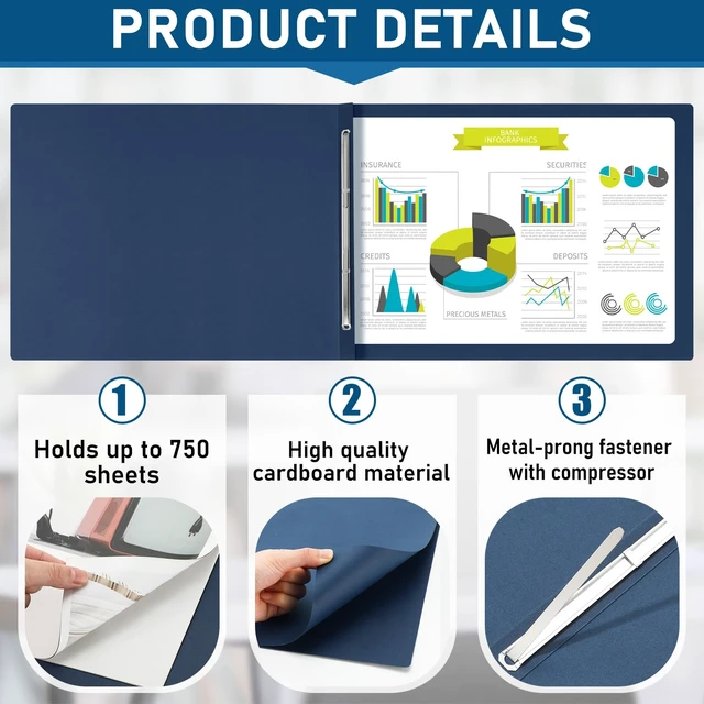 Alt view image 3 of 6 - 40 Pcs Pressboard Report Cover, 3" Capacity Presentation Binder Folder with Metal Prong Paper Fastener to Neatly Bind Reports Proposals Transcripts, Other Documents (11x17 Inch,Blue)