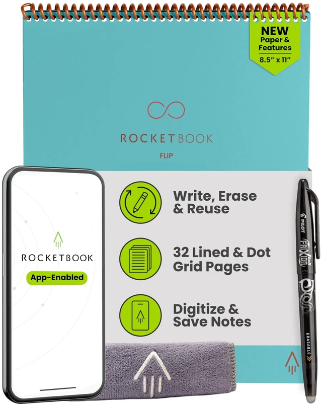 Main image of Flip Reusable Smart Notepad, Letter Size 8.5x11, Teal Top Bound Spiral Notebook, Lined and Dotted Pages, Includes Pen and Towel