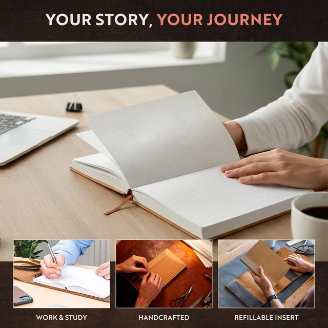 Alt view image 5 of 7 - Dot Grid Journal Notebook Paper for Refillable Leather Journals A5 Hardcover 70gsm Dotted Notebooks for Work 8.25 x 5.75 Inches with 320 Page Refill Note Book and Helpful Bookmark