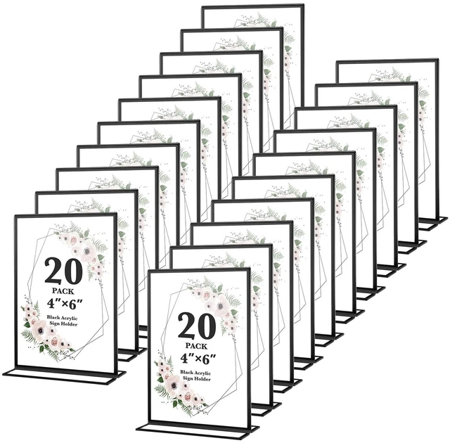 Main image of 20 Pack Acrylic Sign Holders 4x6 Inch Wedding Table Numbers Frames Black Double Sided Vertical Stand Clear Picture Frames for Party, Restaurant Signs and Office Photos