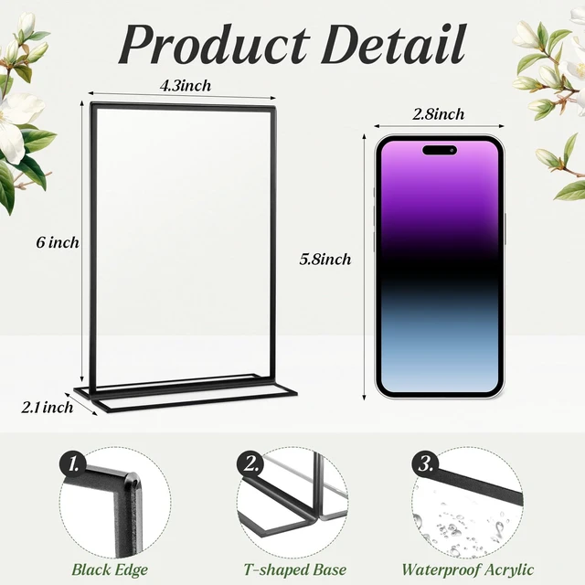 Alt view image 4 of 6 - 20 Pack Acrylic Sign Holders 4x6 Inch Wedding Table Numbers Frames Black Double Sided Vertical Stand Clear Picture Frames for Party, Restaurant Signs and Office Photos