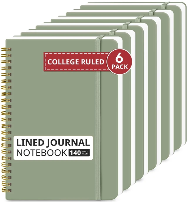 Main image of 6 Pack Lined Notebooks for Work Hardcover Spiral Journal for Office Green, 5.7" x 7.9" Spiral Journals for Writing, Bulk Work Notebooks, Note taking and School Supplies, 140 Pages