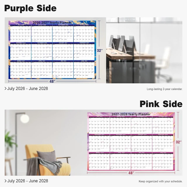 Alt view image 2 of 6 - 2026-2027 Wall Calendar Large Dry Erase 32'' x 48'' Yearly Laminated, 2 Year Calendar for Office Family, Use July 2026 - June 2028 ((Marble)