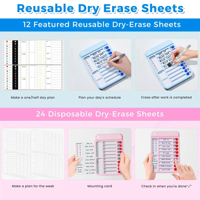 Alt view image 5 of 7 - 2 Pack Chore Chart for Kids Multiple Kids, Magnetic Checklist Board Slider ADHD Tools to Do List, Daily/Morning/Bedtime Routine Chart Visual Schedule with Dry Erase Sheets and Marker for Fridge