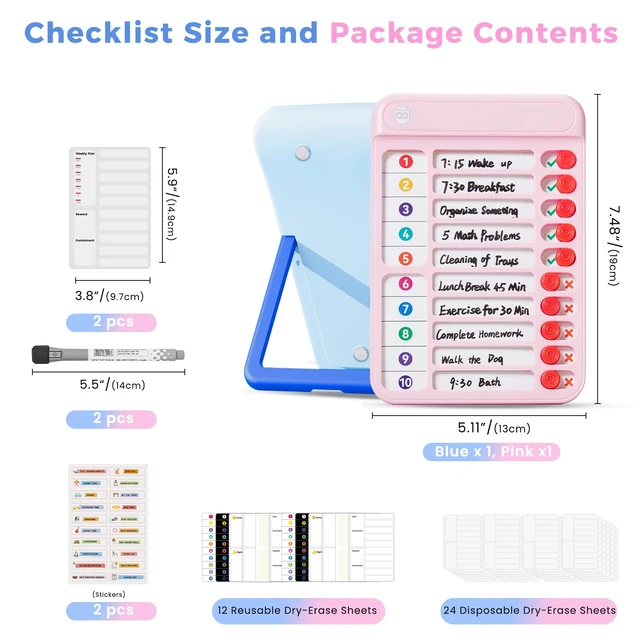 Alt view image 2 of 7 - 2 Pack Chore Chart for Kids Multiple Kids, Magnetic Checklist Board Slider ADHD Tools to Do List, Daily/Morning/Bedtime Routine Chart Visual Schedule with Dry Erase Sheets and Marker for Fridge
