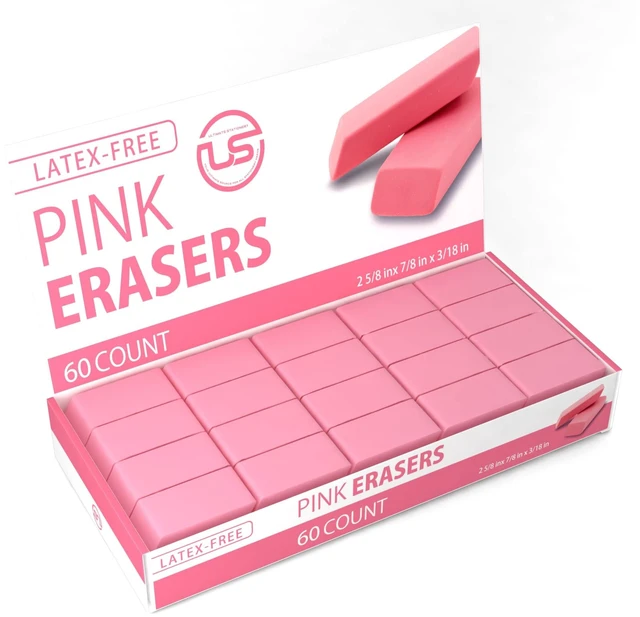 Main image of Pink Erasers, 60 Count Rectangular Eraser Bulk Pack, Latex Free Pink Pearl Erasers for School Supplies, Art and Office