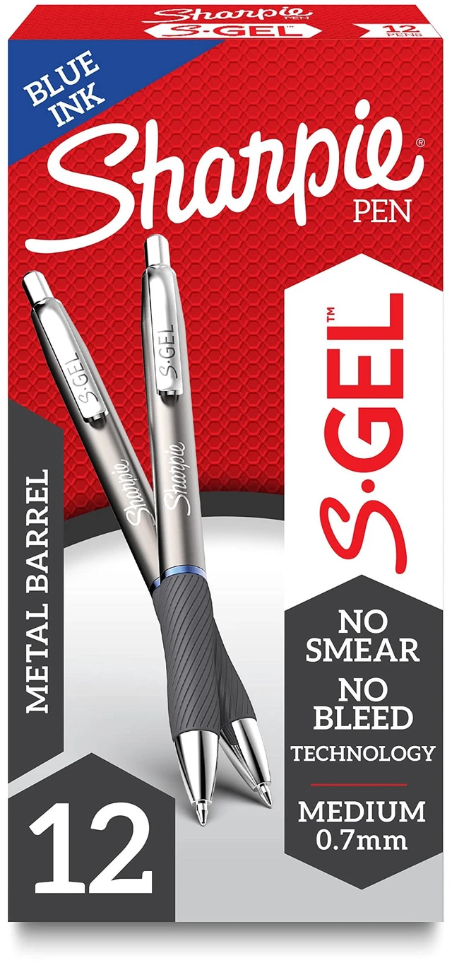 Main image of S-Gel, Gel Pens, Sleek Metal Barrel, Gunmetal, Medium Point (0.7mm), Blue Ink, 12 Count