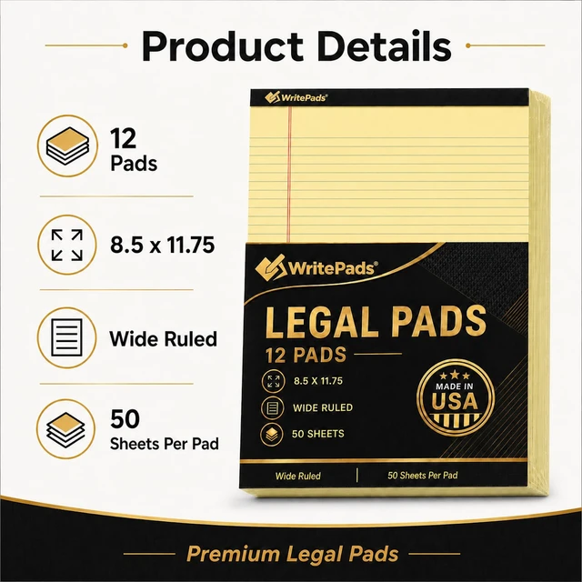 Alt view image 2 of 7 - Legal Pads 8.5 x 11.75 Inch Wide Ruled Writing Pads, 12 Pack Note Pads - Yellow Perforated Paper with Hard Back, 50 Sheets Per Pad, No Bleed Notepad Paper for Office, School, Business MADE IN USA