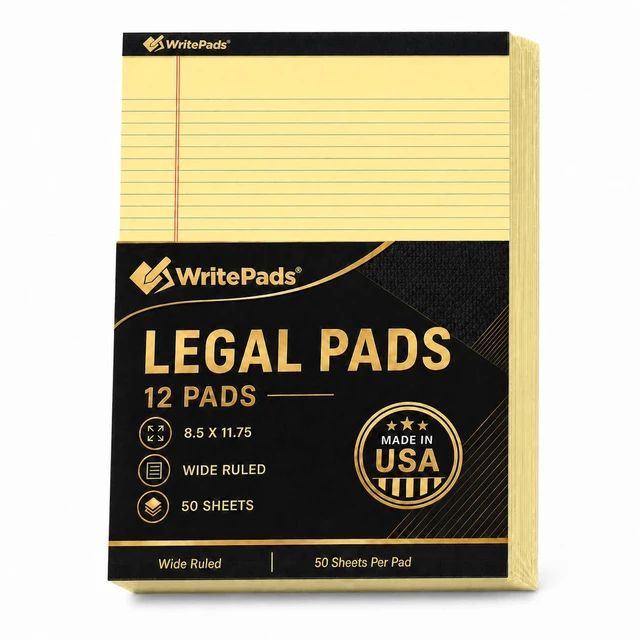 Main image of Legal Pads 8.5 x 11.75 Inch Wide Ruled Writing Pads, 12 Pack Note Pads - Yellow Perforated Paper with Hard Back, 50 Sheets Per Pad, No Bleed Notepad Paper for Office, School, Business MADE IN USA