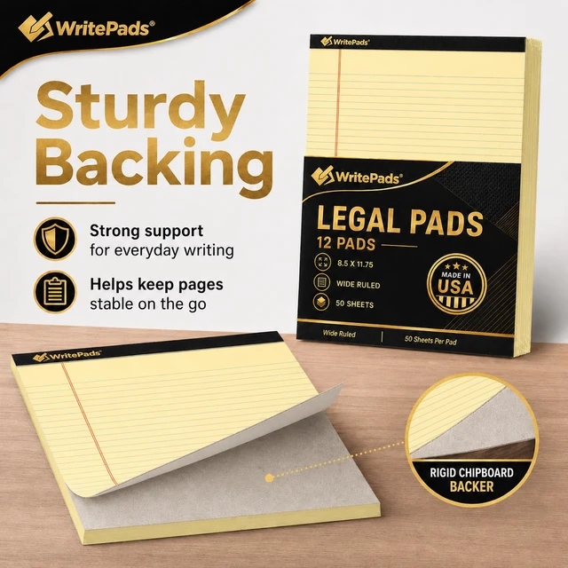 Alt view image 4 of 7 - Legal Pads 8.5 x 11.75 Inch Wide Ruled Writing Pads, 12 Pack Note Pads - Yellow Perforated Paper with Hard Back, 50 Sheets Per Pad, No Bleed Notepad Paper for Office, School, Business MADE IN USA