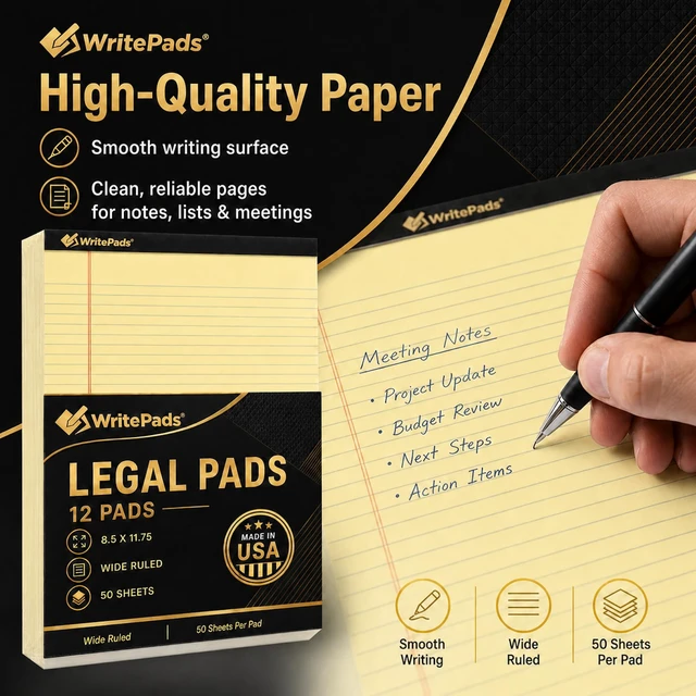 Alt view image 3 of 7 - Legal Pads 8.5 x 11.75 Inch Wide Ruled Writing Pads, 12 Pack Note Pads - Yellow Perforated Paper with Hard Back, 50 Sheets Per Pad, No Bleed Notepad Paper for Office, School, Business MADE IN USA