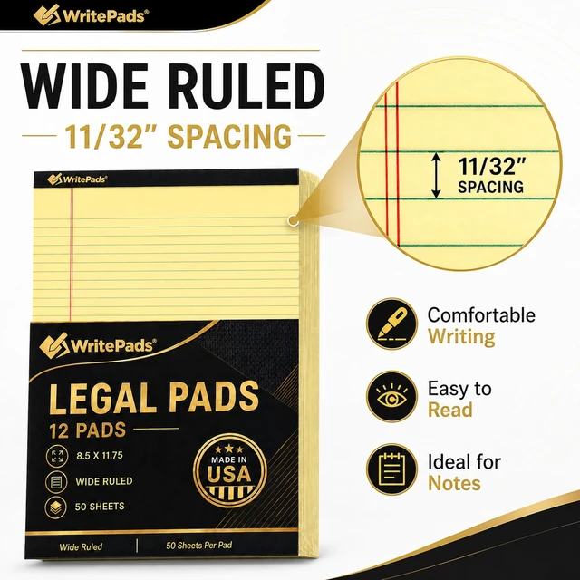 Alt view image 6 of 7 - Legal Pads 8.5 x 11.75 Inch Wide Ruled Writing Pads, 12 Pack Note Pads - Yellow Perforated Paper with Hard Back, 50 Sheets Per Pad, No Bleed Notepad Paper for Office, School, Business MADE IN USA
