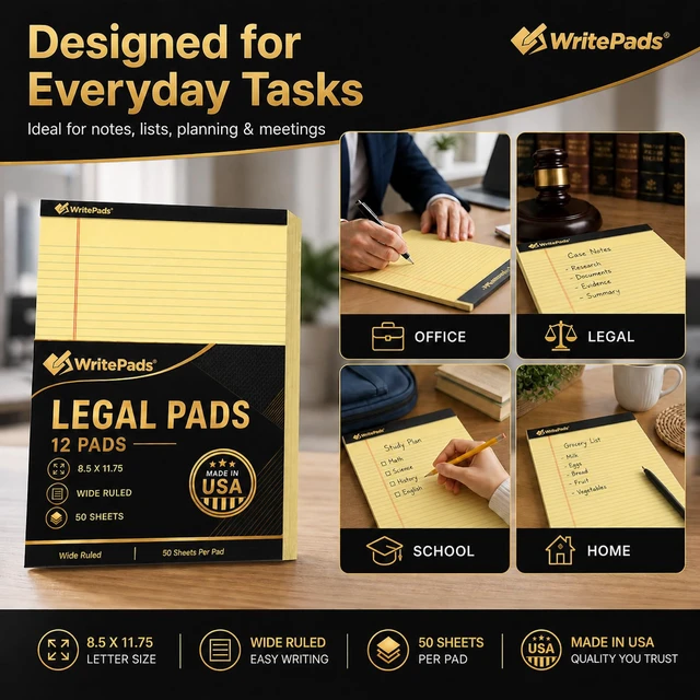 Alt view image 7 of 7 - Legal Pads 8.5 x 11.75 Inch Wide Ruled Writing Pads, 12 Pack Note Pads - Yellow Perforated Paper with Hard Back, 50 Sheets Per Pad, No Bleed Notepad Paper for Office, School, Business MADE IN USA