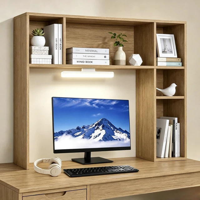 Main image of 3 Tier Desktop Bookshelf with Rechargeable Eye-Friendly LED Desk Light, Desk Hutch Organizer with 5 Shelves, Wooden Desk Bookshelf for Office, Dorm and Small Space, Burlywood