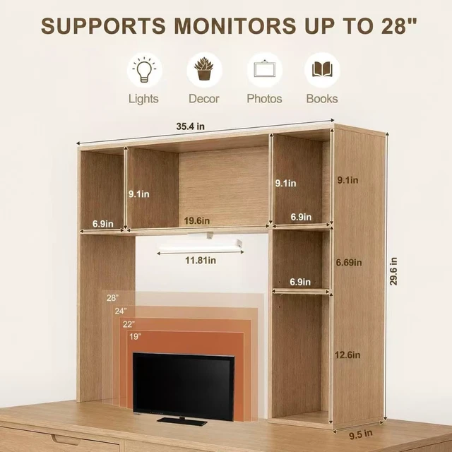 Alt view image 2 of 7 - 3 Tier Desktop Bookshelf with Rechargeable Eye-Friendly LED Desk Light, Desk Hutch Organizer with 5 Shelves, Wooden Desk Bookshelf for Office, Dorm and Small Space, Burlywood