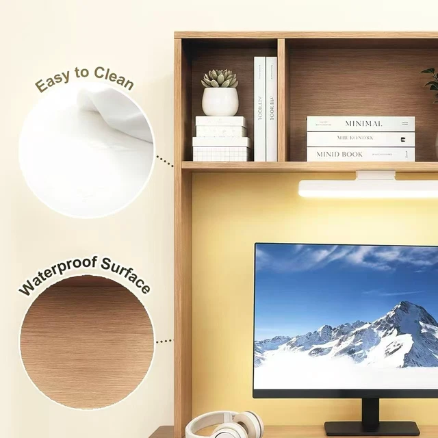 Alt view image 5 of 7 - 3 Tier Desktop Bookshelf with Rechargeable Eye-Friendly LED Desk Light, Desk Hutch Organizer with 5 Shelves, Wooden Desk Bookshelf for Office, Dorm and Small Space, Burlywood