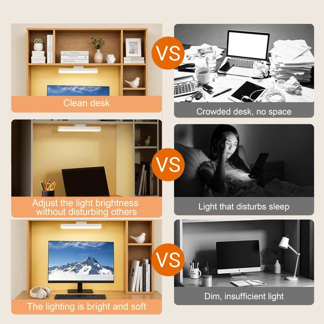 Alt view image 4 of 7 - 3 Tier Desktop Bookshelf with Rechargeable Eye-Friendly LED Desk Light, Desk Hutch Organizer with 5 Shelves, Wooden Desk Bookshelf for Office, Dorm and Small Space, Burlywood
