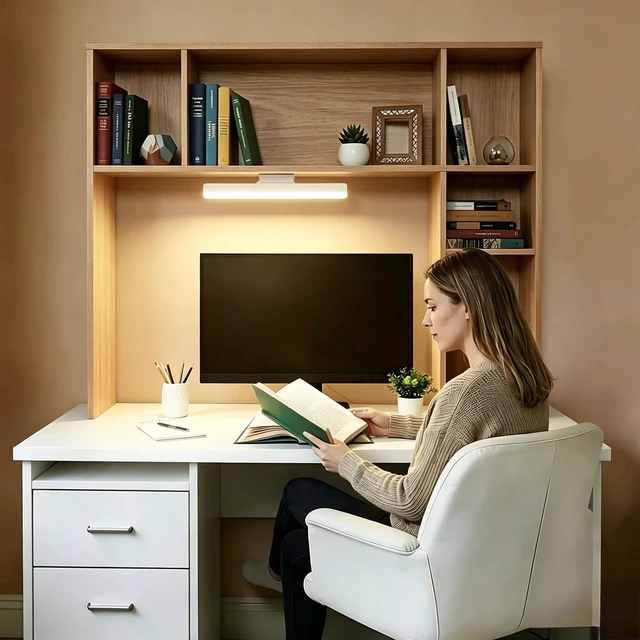Alt view image 6 of 7 - 3 Tier Desktop Bookshelf with Rechargeable Eye-Friendly LED Desk Light, Desk Hutch Organizer with 5 Shelves, Wooden Desk Bookshelf for Office, Dorm and Small Space, Burlywood