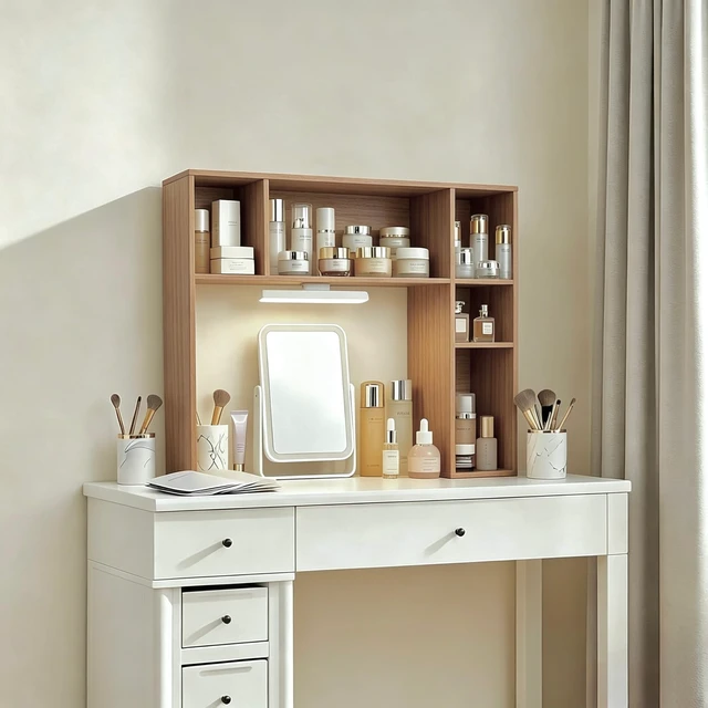Alt view image 7 of 7 - 3 Tier Desktop Bookshelf with Rechargeable Eye-Friendly LED Desk Light, Desk Hutch Organizer with 5 Shelves, Wooden Desk Bookshelf for Office, Dorm and Small Space, Burlywood