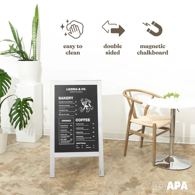 Alt view image 3 of 7 - Wooden A-Frame Sign with Eraser & Chalk - 40 x 20 Inches Magnetic Sidewalk Chalkboard White Menu Display for Restaurant, Business Or Wedding
