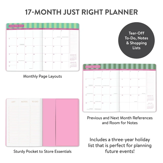 Alt view image 4 of 7 - 2027 Just Right Monthly Planner with Notes, 7.5 x 9.75", Cabana Stripes Aug 2026-Dec 2027 dates, tear-off to-do lists, notes pages, shopping lists, pocket folder, elastic band closure, ample space