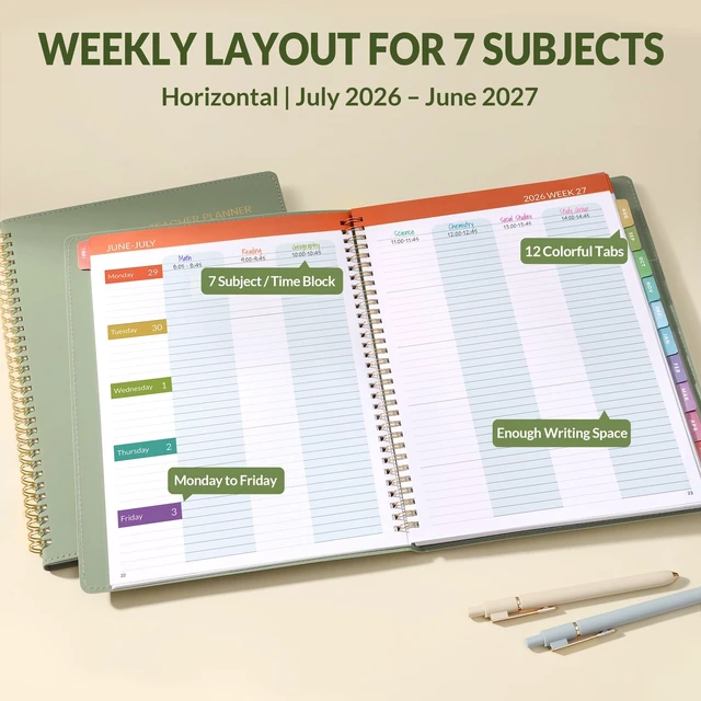 Alt view image 2 of 7 - Teacher Planner 2026-2027 Academic Year with 7 Periods, Jul 2026 - Jun 2027 Lesson Planner Book 8.5"x11" School Agenda with Subjects, Teacher Calendar with Vegan Leather Cover, Color Tabs, Green