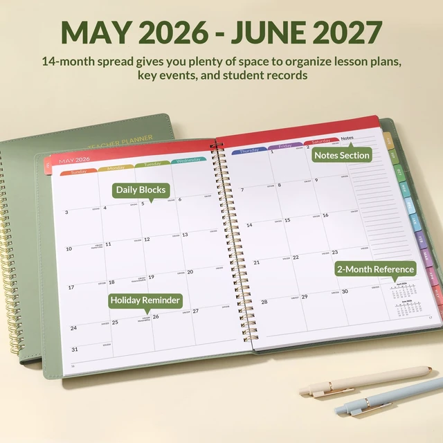 Alt view image 3 of 7 - Teacher Planner 2026-2027 Academic Year with 7 Periods, Jul 2026 - Jun 2027 Lesson Planner Book 8.5"x11" School Agenda with Subjects, Teacher Calendar with Vegan Leather Cover, Color Tabs, Green