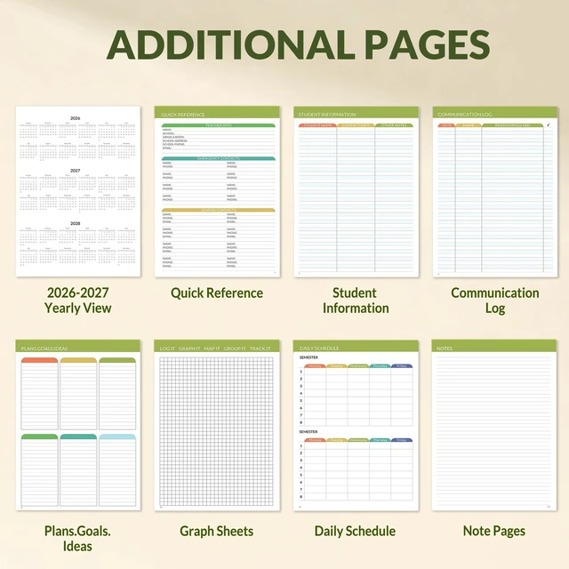 Alt view image 5 of 7 - Teacher Planner 2026-2027 Academic Year with 7 Periods, Jul 2026 - Jun 2027 Lesson Planner Book 8.5"x11" School Agenda with Subjects, Teacher Calendar with Vegan Leather Cover, Color Tabs, Green