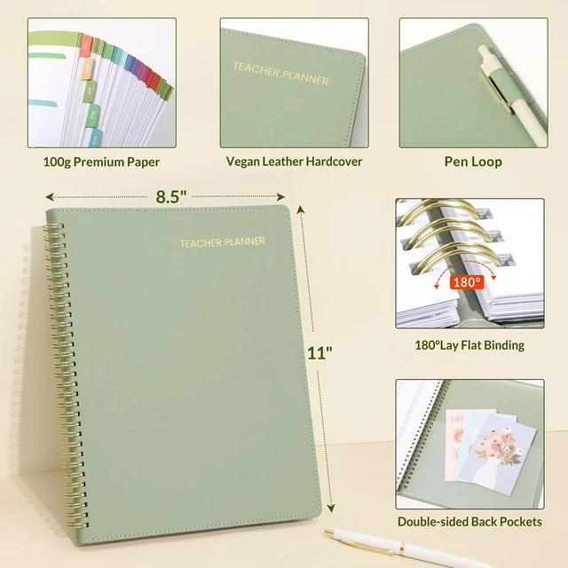 Alt view image 6 of 7 - Teacher Planner 2026-2027 Academic Year with 7 Periods, Jul 2026 - Jun 2027 Lesson Planner Book 8.5"x11" School Agenda with Subjects, Teacher Calendar with Vegan Leather Cover, Color Tabs, Green
