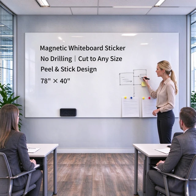 Main image of Huge Magnetic Whiteboard 78x40 Inch - Peel & Stick, Office Home Huge 78x40 Roll, Peel & Stick Magnetic Whiteboard, Smooth PET, No Ghosting, for Conference Office, 11 Markers & 6 Magnets
