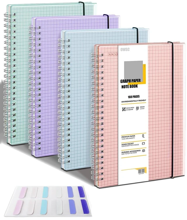 Main image of 4 Pack Graph Spiral Notebook, Hardcover Notebooks for Work A5 Graph 5.9 x 8.3 IN Notebooks College Ruled for Note Taking, School and Journal with 80 Sheets/160 Pages 110 GSM Thick Papers
