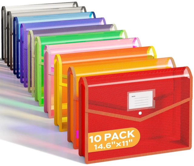 Main image of 10 Pack Plastic Expanding File Folder, Colorful File Folder Organizer Folders for Documents with Snap Closure, Transparent Accordion File Organizer, Large Capacity, Fit Legal/B4 Size, 9 Colors