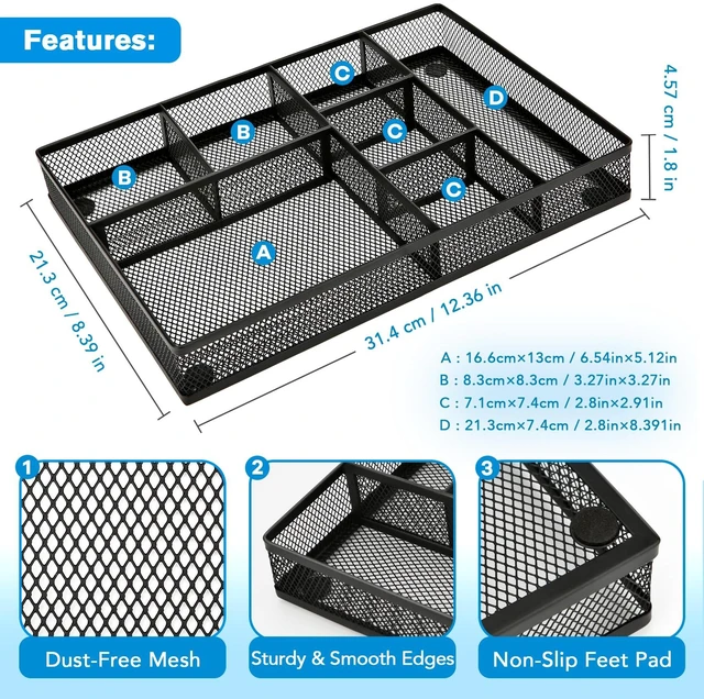Alt view image 2 of 7 - Desk Drawer Organizer Tray,Drawer Organizer for Office and Home,Desk Organizer with Drawers,7 Compartments,Non-Slip Desk Organizers (Black, 12.3" L x 8.3" W x 1.8" H)