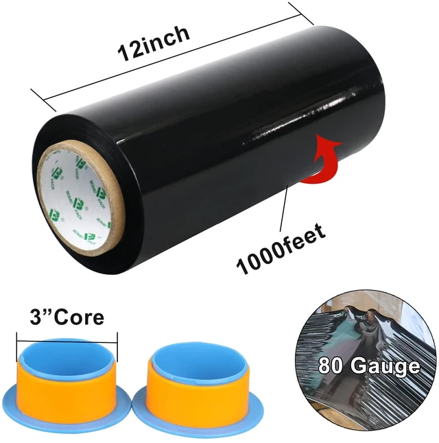 Alt view image 3 of 7 - Black Stretch Wrap Industrial Strength with Plastic Handle 12" x 1000 Feet 80 Gauge 3-Pack, Black Shrink Wrap, Self-Adhering Black Plastic Wrap for Shipping, Moving