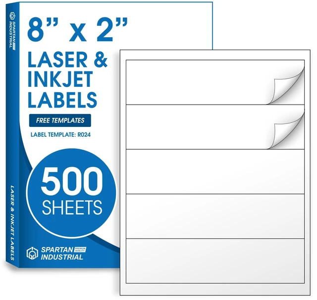 Main image of 8x2 Matte White Printable Water Bottle Labels (500 Sheets, 2500 Stickers) NOT Waterproof Bottle Wrap Around Stickers for Laser & Inkjet Printers - Template R024