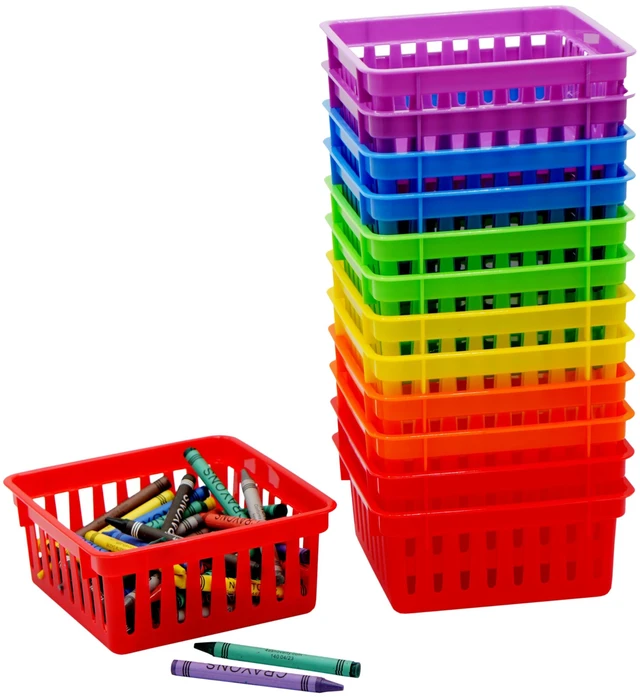 Main image of 12 Pack Small Classroom Storage Baskets, Square 4.5" Sturdy Plastic Colorful Crayon & Pencil Container, Organizer Bins for Desk for Classrooms Supplies, Office, Toy Storage