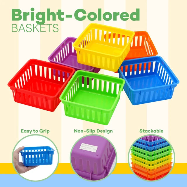 Alt view image 5 of 7 - 12 Pack Small Classroom Storage Baskets, Square 4.5" Sturdy Plastic Colorful Crayon & Pencil Container, Organizer Bins for Desk for Classrooms Supplies, Office, Toy Storage