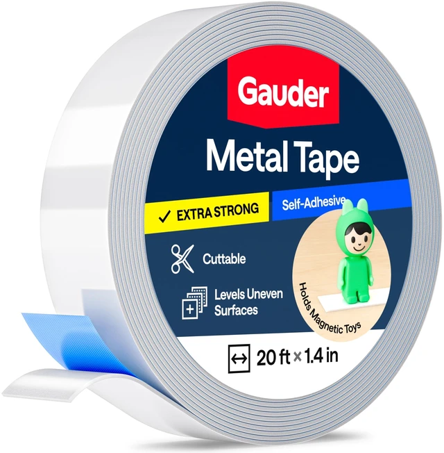 Main image of Self-Adhesive Metal Tape - Ideal for Tonie Figures & Shelves - Holding Surface for Magnets - Ferrous Tape with Foam Adhesive - Thin Metal Steel Strip (20 ft x 1.4 in)