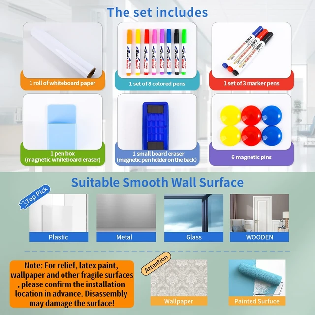 Alt view image 7 of 7 - Huge Magnetic Whiteboard 78x40 Inch - Peel & Stick, Office Home Huge 78x40 Roll, Peel & Stick Magnetic Whiteboard, Smooth PET, No Ghosting, for Conference Office, 11 Markers & 6 Magnets