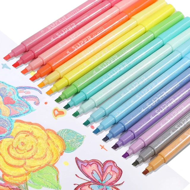 Main image of Glitter Highlighters, 16 Pack, Assorted Chisel Tip Aesthetic Markers Smooth Shimmering Pastel Ink Perfect for Bullet Journaling, Bible Study, Adult Coloring, and School Supplies