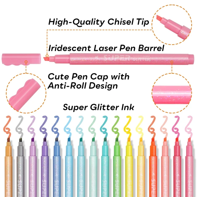 Alt view image 2 of 7 - Glitter Highlighters, 16 Pack, Assorted Chisel Tip Aesthetic Markers Smooth Shimmering Pastel Ink Perfect for Bullet Journaling, Bible Study, Adult Coloring, and School Supplies