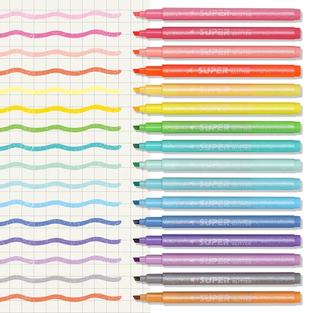 Alt view image 4 of 7 - Glitter Highlighters, 16 Pack, Assorted Chisel Tip Aesthetic Markers Smooth Shimmering Pastel Ink Perfect for Bullet Journaling, Bible Study, Adult Coloring, and School Supplies