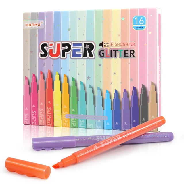 Alt view image 7 of 7 - Glitter Highlighters, 16 Pack, Assorted Chisel Tip Aesthetic Markers Smooth Shimmering Pastel Ink Perfect for Bullet Journaling, Bible Study, Adult Coloring, and School Supplies