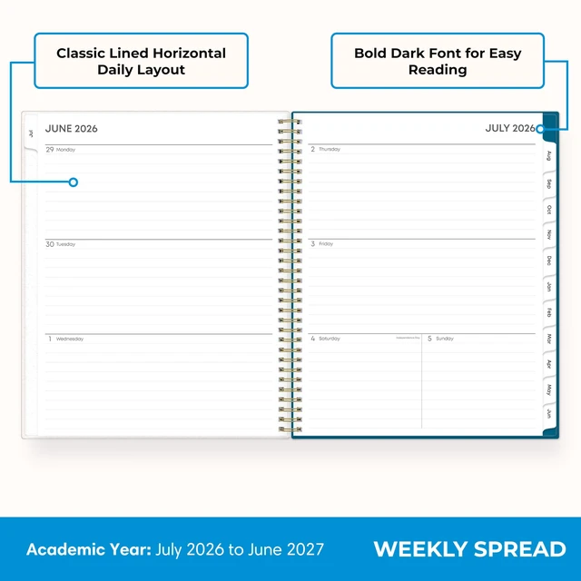 Alt view image 3 of 7 - 2026-2027 Weekly & Monthly Academic Planner, 8.5"x11", Bakah July 2026 - June 2027, Flexible Cover, Wirebound, Storage Pocket, Academic Year