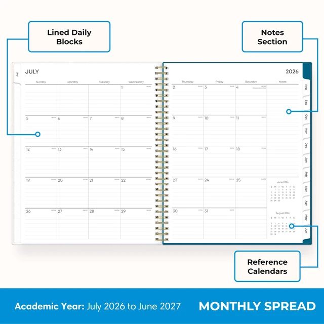 Alt view image 4 of 7 - 2026-2027 Weekly & Monthly Academic Planner, 8.5"x11", Bakah July 2026 - June 2027, Flexible Cover, Wirebound, Storage Pocket, Academic Year