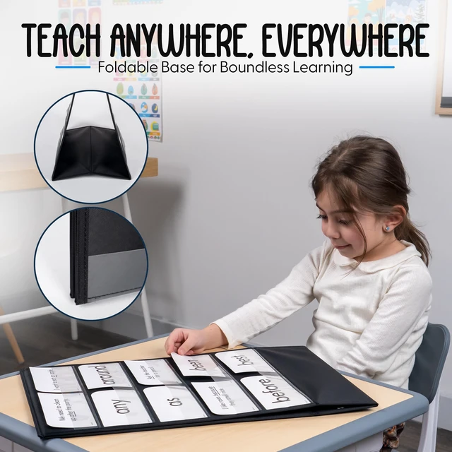 Alt view image 4 of 5 - 3 Pack Tabletop Pocket Chart Stand, 13" Wide x 17" Tall, Black Double Sided with 5 Straps Each, Reusable, For Classrooms Home or Offices, Easy to Use, Foldable