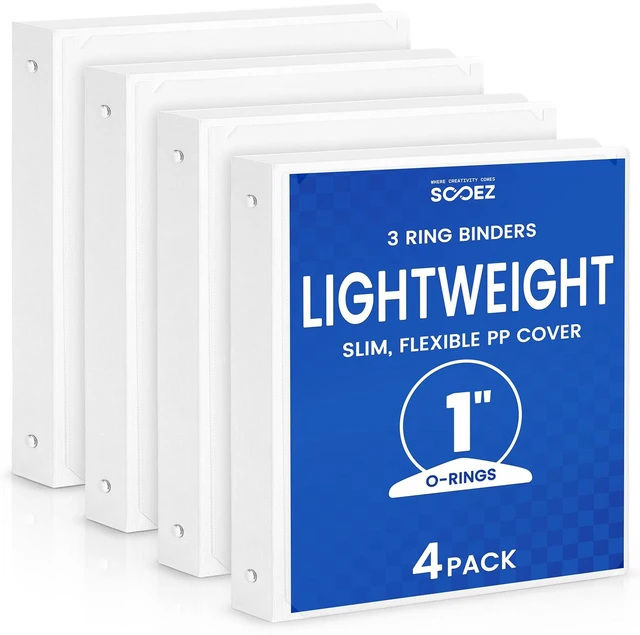 Main image of 3 Ring Binder 1 Inch, 4 Pack Lightweight White Binders with Customizable Front & Back PP Covers, Round Rings, 2 Interior Pockets, Holds 175 Sheets for School, Office & Home Organization