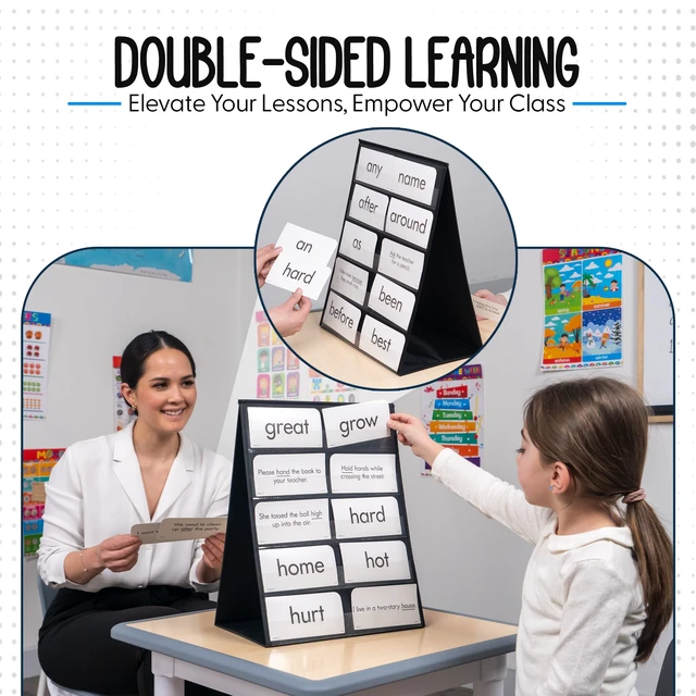 Alt view image 2 of 5 - 3 Pack Tabletop Pocket Chart Stand, 13" Wide x 17" Tall, Black Double Sided with 5 Straps Each, Reusable, For Classrooms Home or Offices, Easy to Use, Foldable